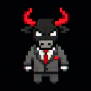 The BullStocks anchor, a bull in a suit, mid broadcast